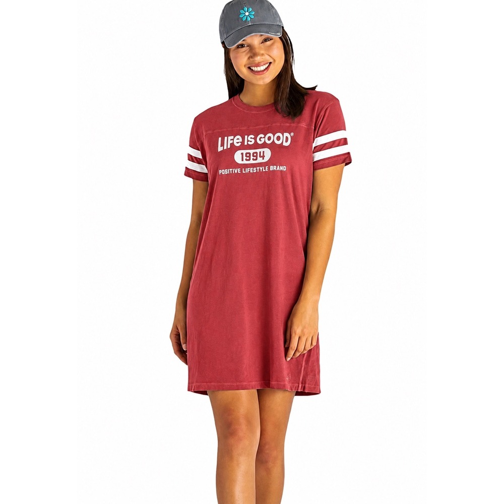 NWT Life is Good Crusher Tee Shirt Dress Red Varsity Stripe Graphic Medium